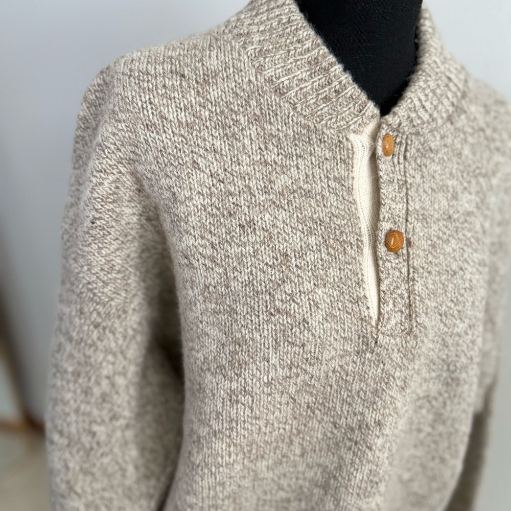 Vintage 80s J.J. Cochran Wool Henley Sweater Oatmeal Chunky Knit L - Picture 5 of 11